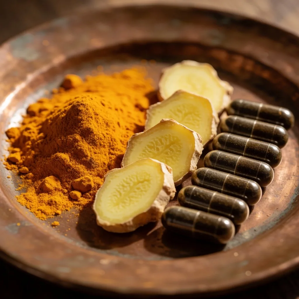 Turmeric, ginger, and supplement capsules arranged on dark copper