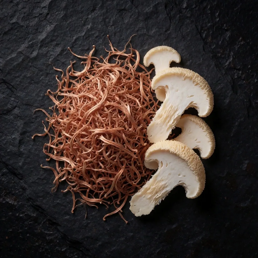 Bacopa herb and lion's mane mushroom arranged on dark slate, botanical study
