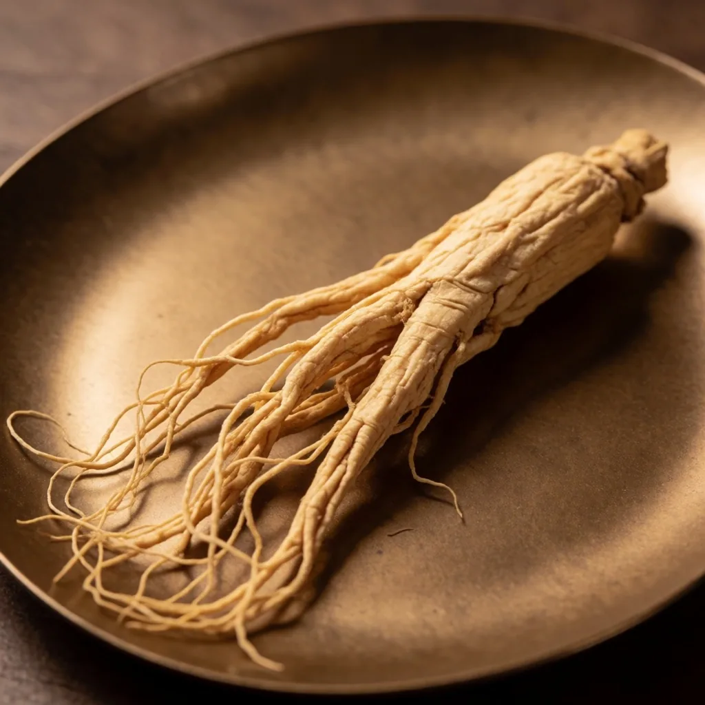 Dried Panax ginseng root on a dark copper plate, studio macro