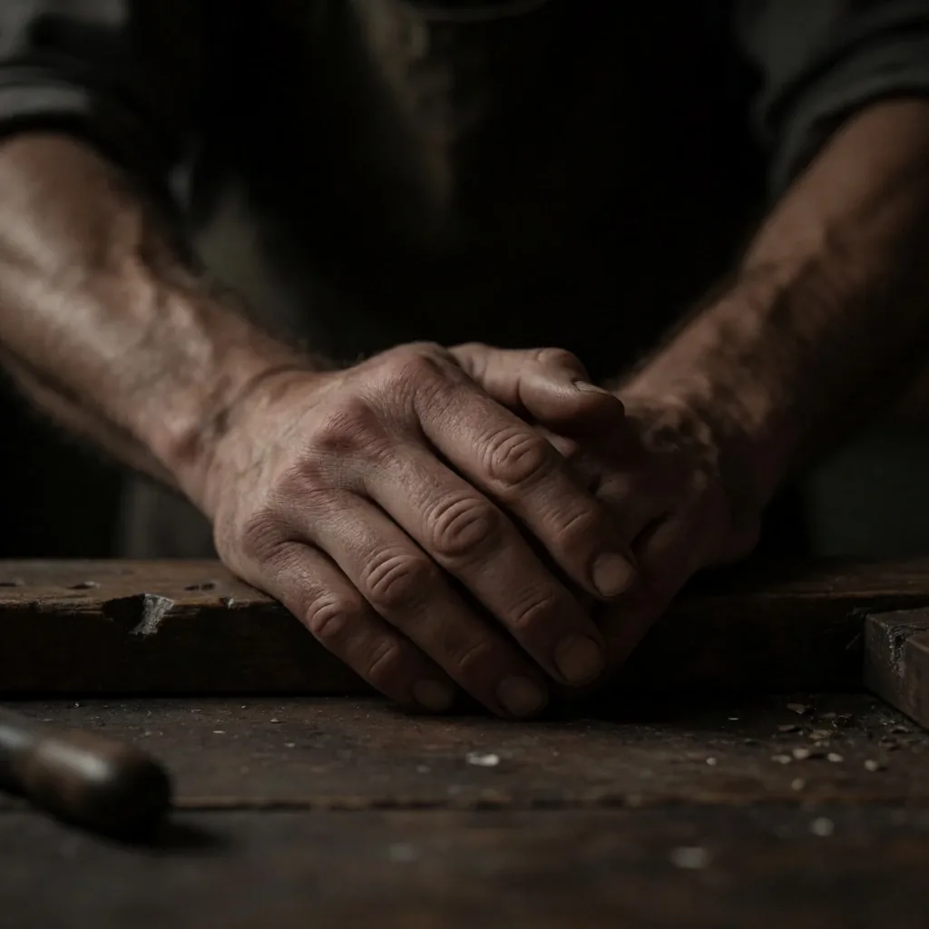 Hands resting on a workbench after exertion, dark moody lighting