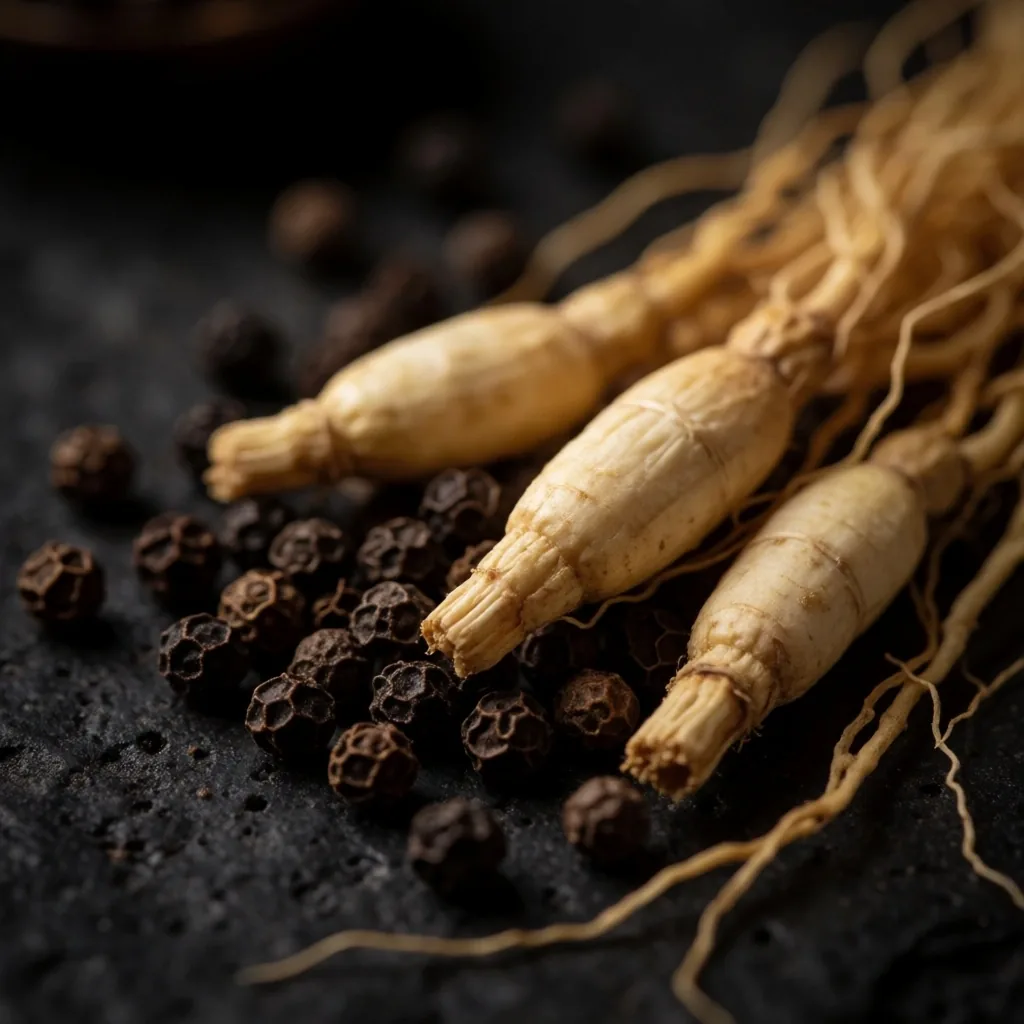 Raw ginseng root and ginger on dark stone, macro botanical study