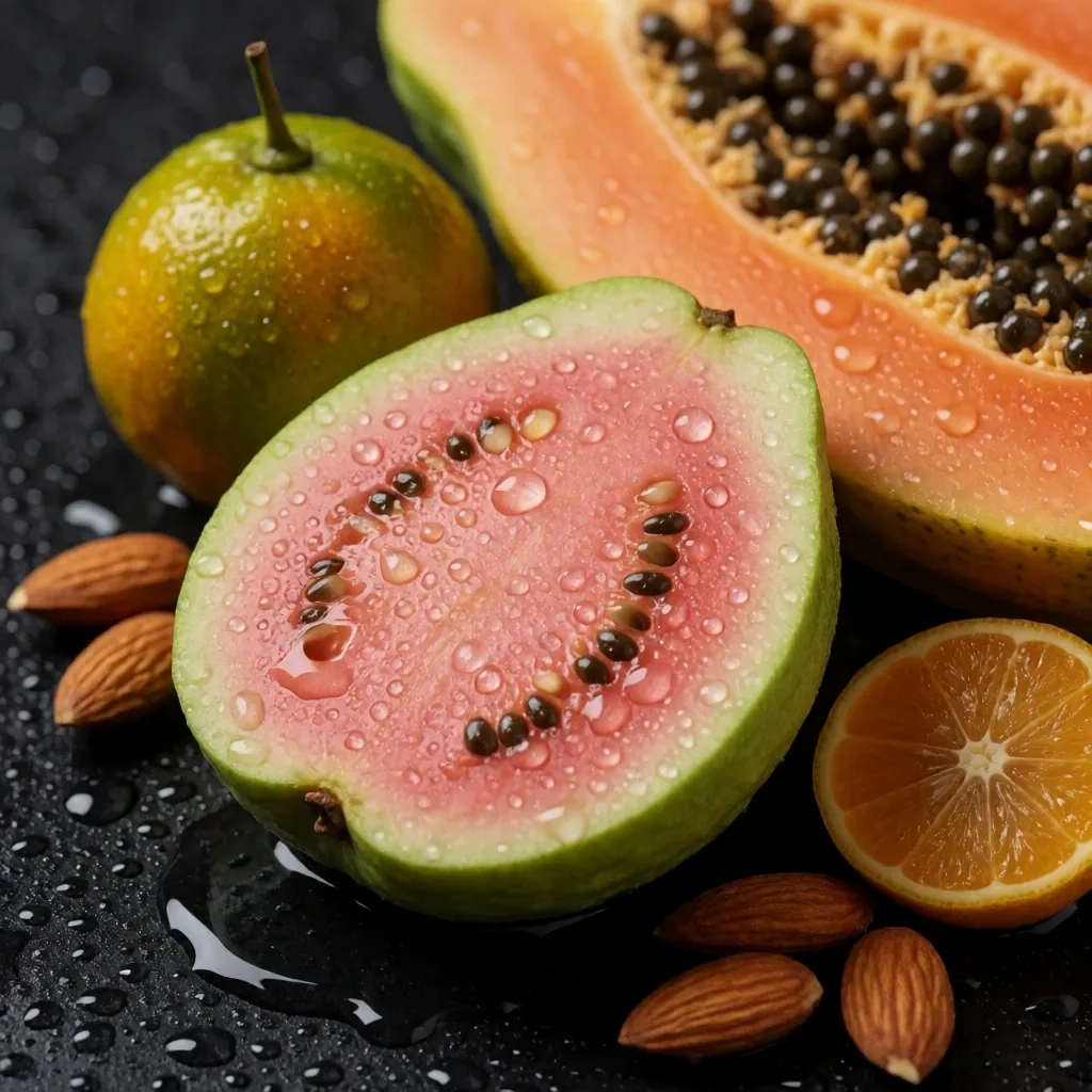 Citrus and almonds on dark stone surface