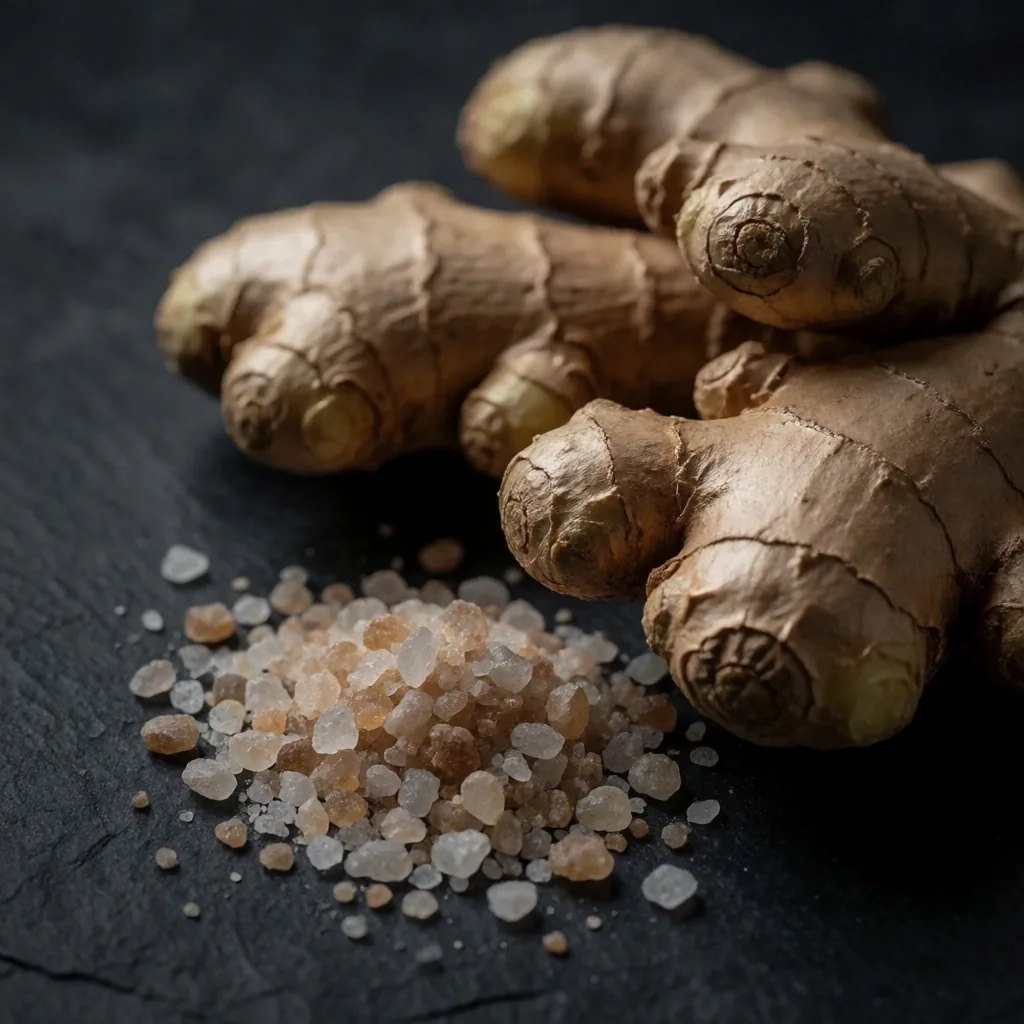 Cross-section of fresh ginger root under dramatic lighting