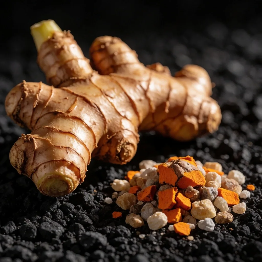 Fresh turmeric and ginger roots on dark slate