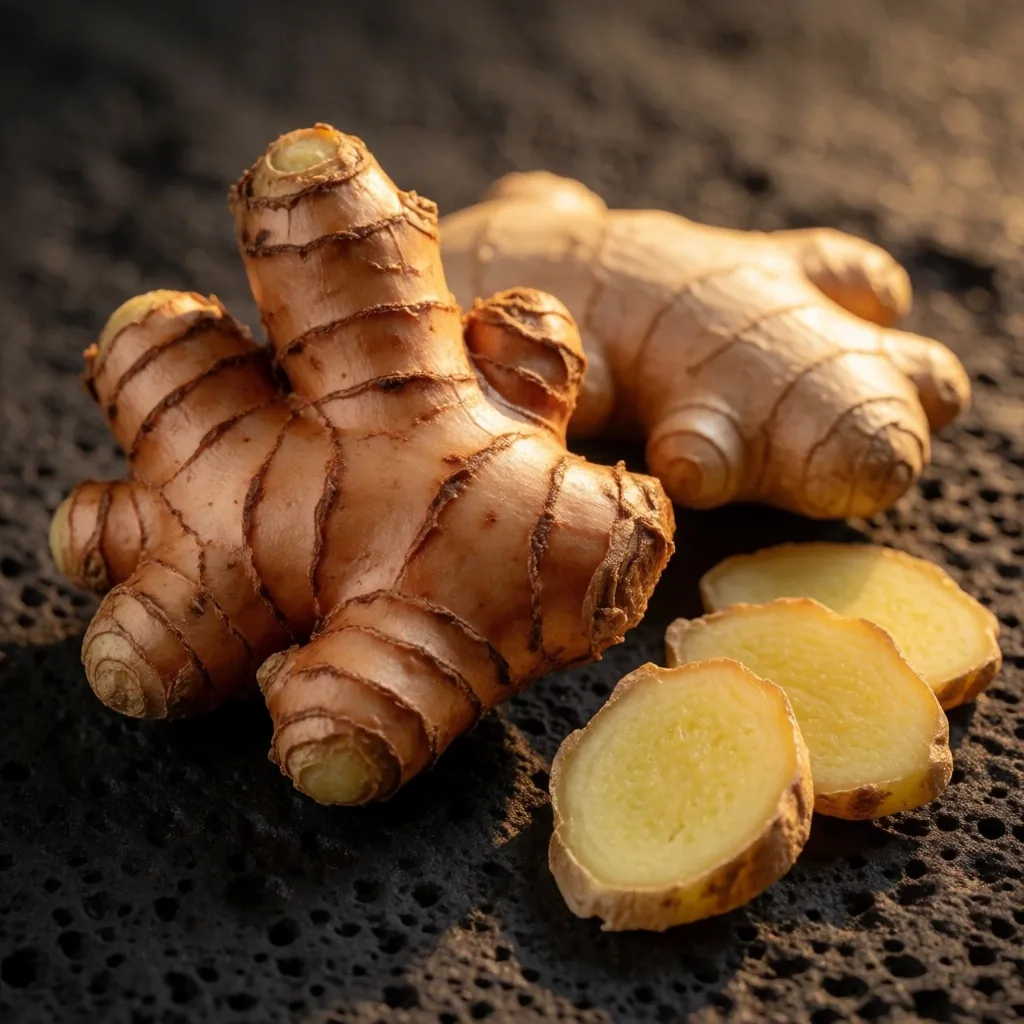 Fresh ginger and turmeric root on a dark copper surface under low-angle lighting