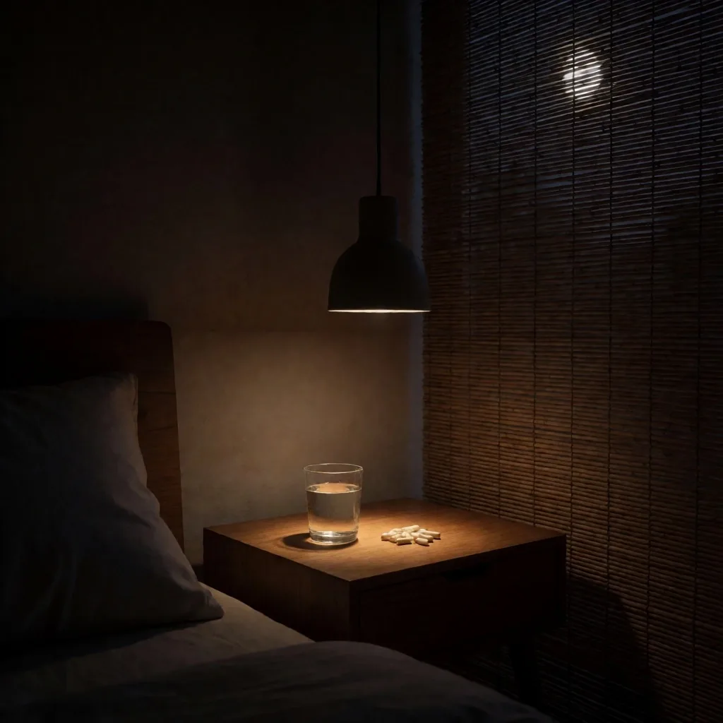 Dimly lit bedroom at night with warm lamp glow