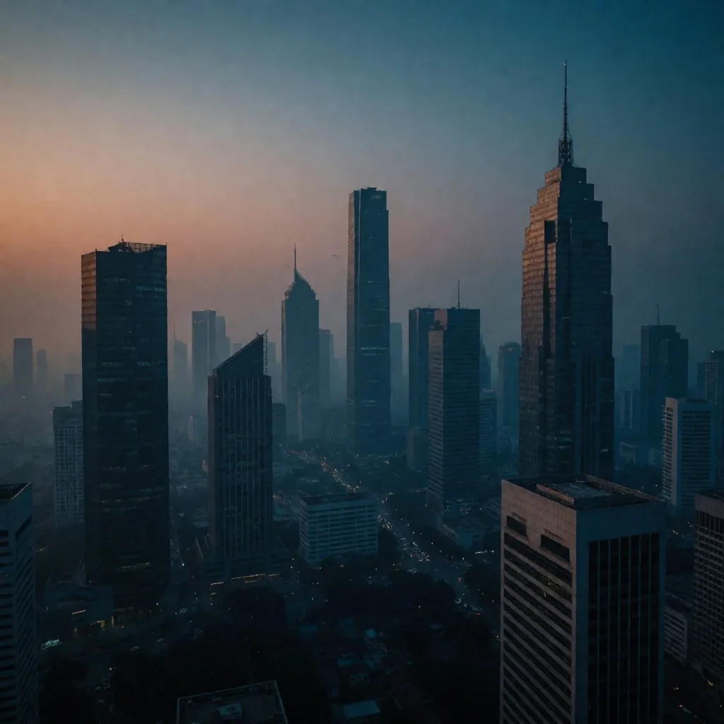 Indonesian city skyline at dusk with atmospheric haze