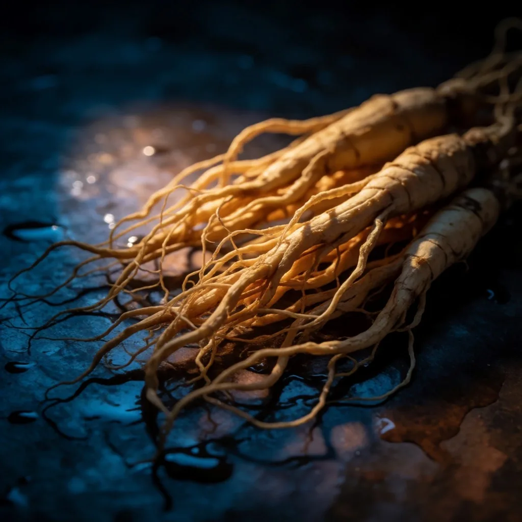 Panax ginseng roots on a dark copper surface