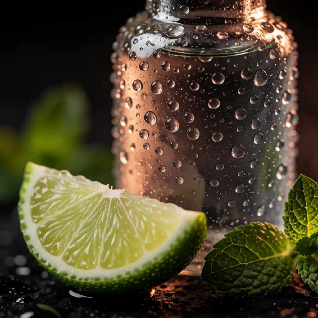 Glass water bottle with condensation on dark surface