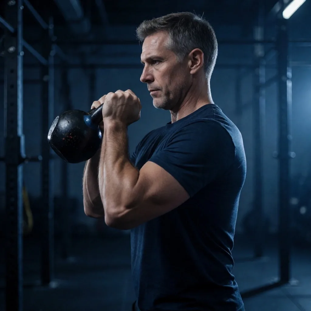 Man performing kettlebell training in dramatic lighting
