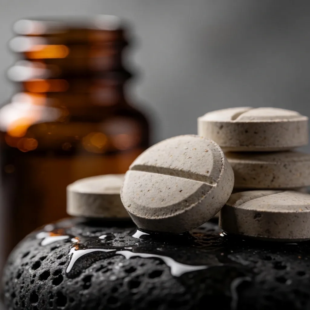 Amber supplement bottle with mineral tablets