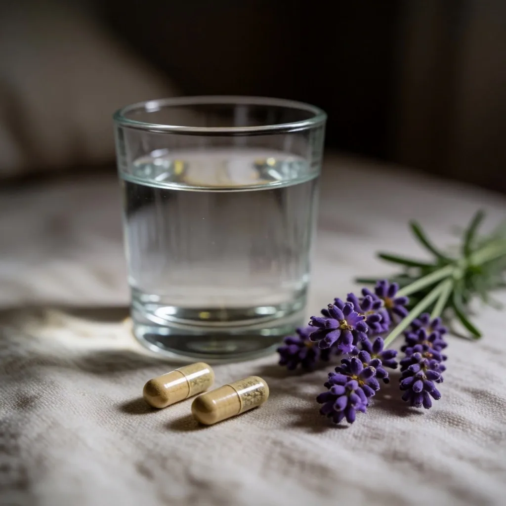 Chamomile tea and magnesium on a nightstand
