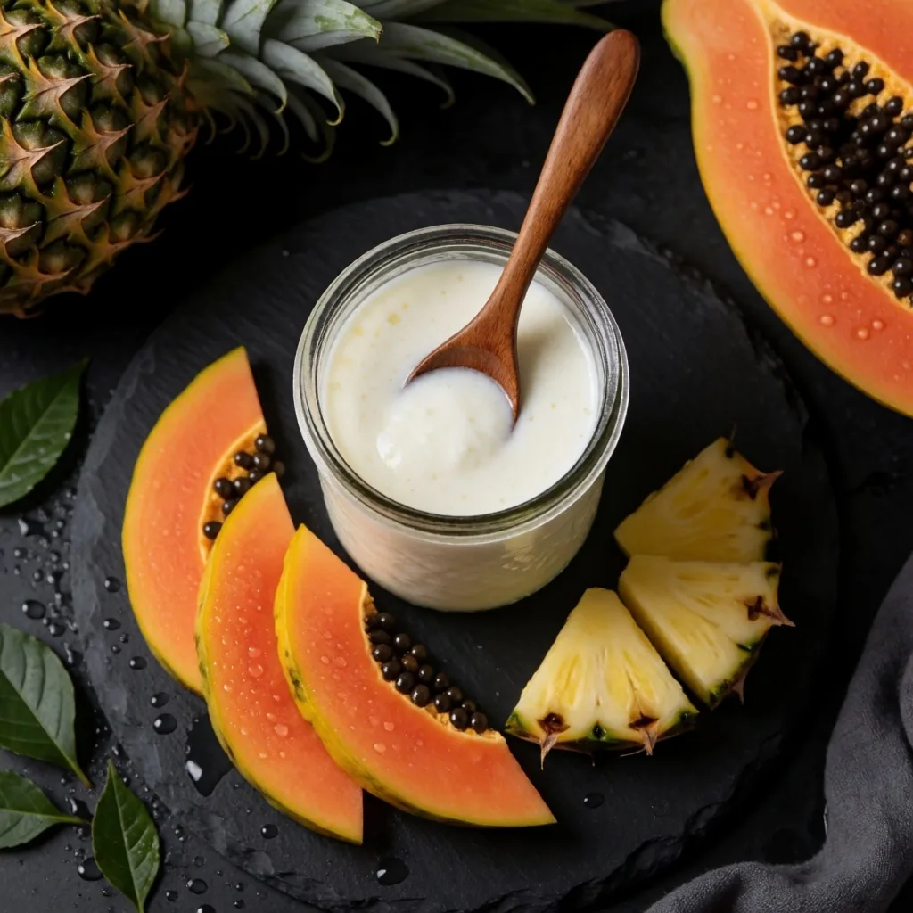 Fermented kefir and tropical fruit on dark plate