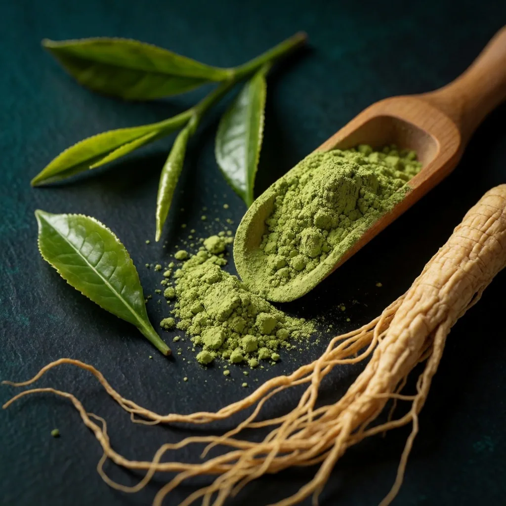 Green tea leaves and ginseng root on dark surface