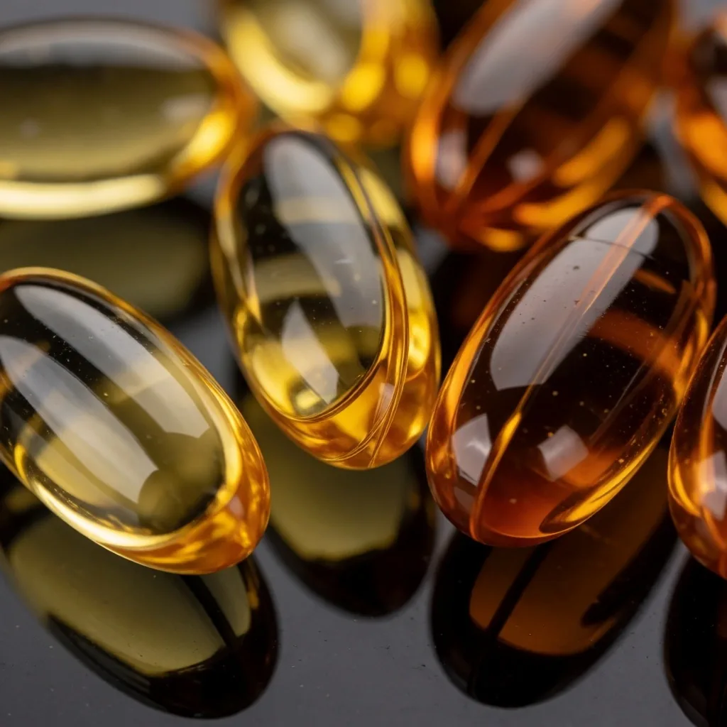 Omega-3 softgels and garlic on dark surface